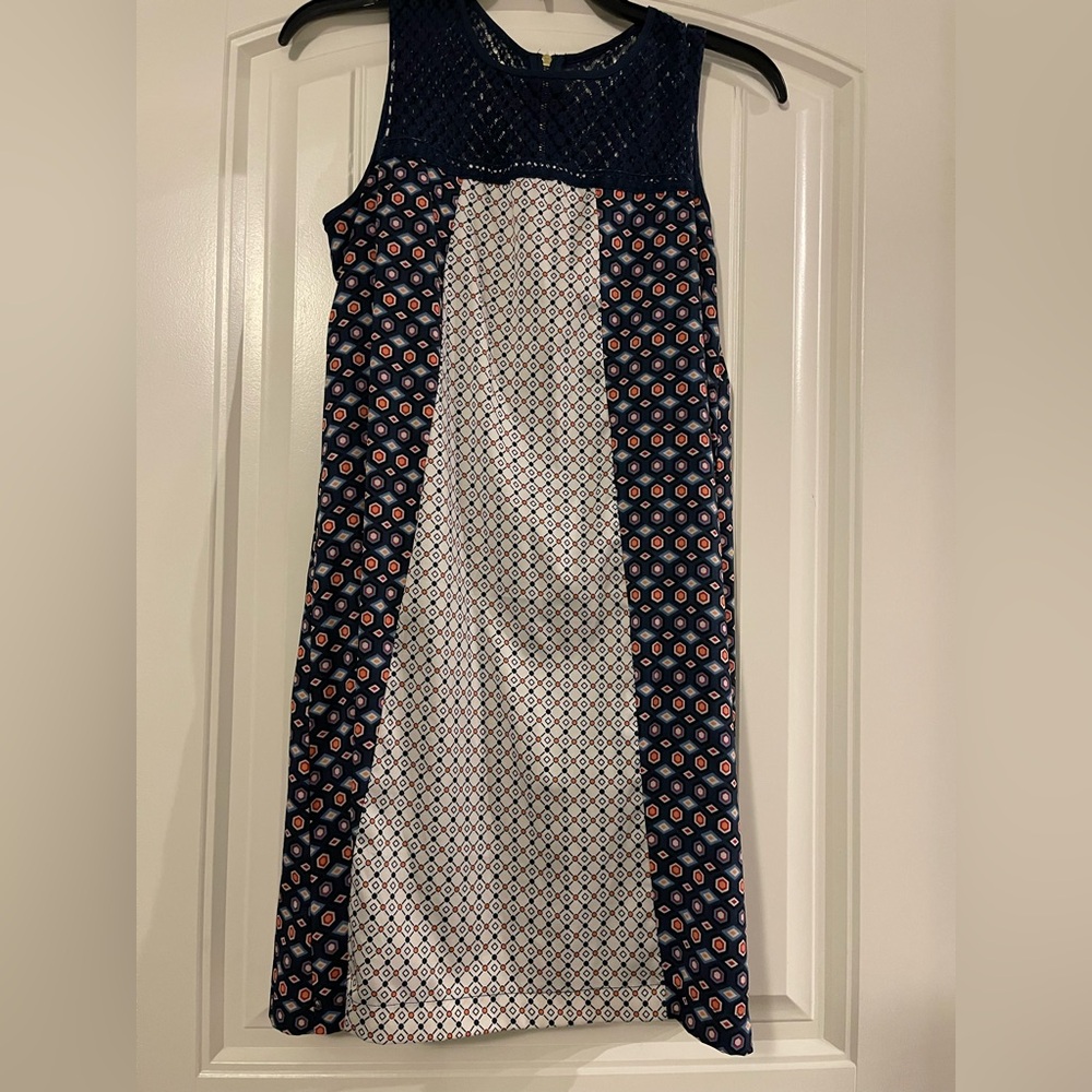 Navy and White Geoprint Vintage Sleeveless Dress Small